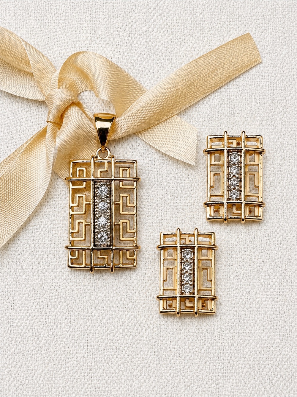 Art Deco Greek Key Gold Tone Pendant & Earrings Rhinestone Geometric Jewelry Set
